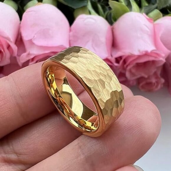 Men Rose Gold Tungsten Carbide Hammered Rings Couple Fashion Jewelry